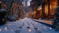 Footprints in Snow on a Snowy, Christmas-Lit Street Royalty Free Stock Photo