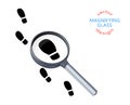 Footprints, soles, footsteps on the trail, magnifying glass, silhouette. Vector illustration of search concept, detective,