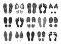 Footprints steps, sneaker or boot shoe print, human footprint. Shoes soles prints, barefoot, grunge foot imprint Royalty Free Stock Photo