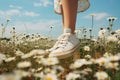 Foots of girl in shoes on white daisies field. Royalty Free Stock Photo