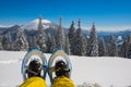Foots traveler in snowshoes Royalty Free Stock Photo