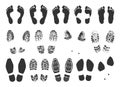 Footstep icon. Footprint black symbols collection. Bare human feet and shoe print tracks. Sneaker and boot sole traces. Male and