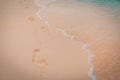 Footprints in the sand at sunset. Beautiful sandy tropical beach with sea waves. Footsteps on the shore Royalty Free Stock Photo