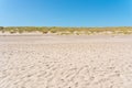 Footsteps in the sand on a beach. Small, grassy hills in the horizon