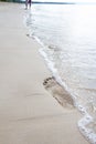 Footsteps on sand beach, wave