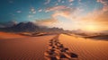 footsteps in the sand of the desert to horizon with sunset.