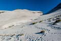 Footsteps in sand in unique white sand desert mountains in Patagonia, Chile. Sunny sky, path, active volcanos, white mountains. Ba