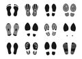 Footsteps sign. Contour footprints. Collection of prints of shoes or bare feet. On heels, classic or sport footwear