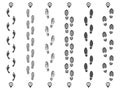 Footsteps track routes. Footprint trail, footstep imprint way route and walking foot steps map pins isolated vector