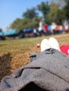 footware on grass on blurred nature background