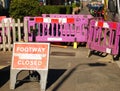 Footway closed sign with purple fence in Grantham,Uk.