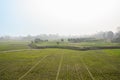 Footways in cultivated field on sunny foggy winter day