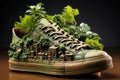 Footwear that actively reduces its carbon emissions, featuring green components and supporting a city-wide recycling system to