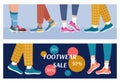 Footwear Banners Set. Legs in sneakers side view. Special offer design. Advertising banner with sports shoes. Flat