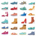 Footwear collection. Male and female shoes, sneakers, flat and boots, trendy winter, spring shoes, elegant footwear Royalty Free Stock Photo