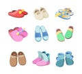 Footwear colored. Textile soft slippers hotel room accessories fashioned comfort home sandals for man and woman vector