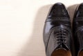 Footwear Concept. Pair of Black Fashionable Male Oxfords Semi-Br