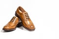 Footwear Concepts. Full Broggued Tan Leather Oxfords Shoes On White Background