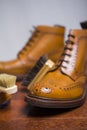 Footwear Concepts and Ideas. Closeup of Premium Male Brogue Tanned Brogue Boots