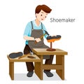 Shoemaker Repairing Man Shoes, He Hammering Nail On Shoe Heel