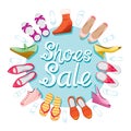 Women`s Shoes Sale, Blue Background On Circle Frame