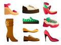 Set with different types of shoes.Raster illustration in the flat cartoon style. Royalty Free Stock Photo