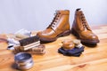 Footwear Ideas and Concepts. Close-up of Premium Tan Brogue Leather Boots
