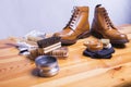 Footwear Ideas and Concepts. Close-up of Premium Tan Brogue Leather Shoes