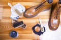 Footwear Ideas and Concepts.Closeup of Premium Tan Brogue Leather Shoes