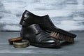 Footwear and shoes care accessories on grey Royalty Free Stock Photo