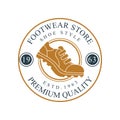 Footwear store logo, premium quality, estd 1963 vintage round badge for footwear brand, shoemaker or shoes repair vector