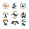 Footwear store logo set, shoe style premium quality estd 1963 vector Illustrations