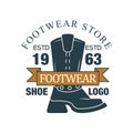 Footwear store, shoe logo, estd 1963, vintage badge for company identity, brand, shoemaker or shoes repair vector