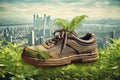 Footwear that takes into account its impact on the environment, integrating plants and a municipal recycling system to create a