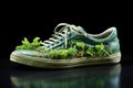 Footwear that takes into account its impact on the environment, integrating plants and a municipal recycling system to create a