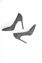 Footwear with thin high heels, stiletto shoes, top view. Pair of fashionable high heeled pump shoes. Luxury footwear