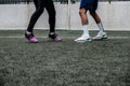 Footwork of adult woman training Muay Thai with male coach