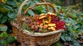 A foragers basket overflowing with vibrant mushrooms and berries ready to be incorporated into the meal