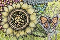 Foral doodle with butterfly and tree. Royalty Free Stock Photo