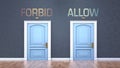 Forbid and allow as a choice - pictured as words Forbid, allow on doors to show that Forbid and allow are opposite options while Royalty Free Stock Photo