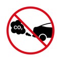 Forbidden Car Engine Gas Pictogram. Prohibited Car Exhaust CO2 Ban Black Silhouette Icon. Vehicle Pipe Smoke Red Stop