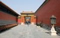 An outer corridor at the Forbidden City in Beijing, China. Royalty Free Stock Photo