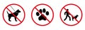 Forbidden Dog Walking Pictogram. Man with Canine on Leash Red Stop Circle Symbol. Paw Footprint Ban Black Silhouette