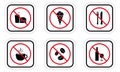 Forbidden Drink Cofee Tea Eat Pictogram Set. Ban Alcohol Black Silhouette Icon. Unhealthy Food Red Stop Symbol. No