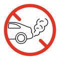 Forbidden exhaust, pollution cloud from car icon. No Exhaust gases, fumes. No idling turn engine. Stop smog from