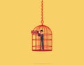 Forbidden and freedom. businessman with a telescope locked in a cage