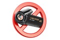 Forbidden sign with camcorder, video camera. 3D rendering Royalty Free Stock Photo