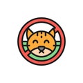 Forbidden sign with cat, no animal, wool pets allergy flat color line icon.