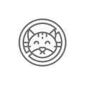 Forbidden sign with cat, no animal, wool pets allergy line icon.