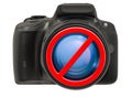 Forbidden sign with digital camera. No photo concept, 3D rendering Royalty Free Stock Photo